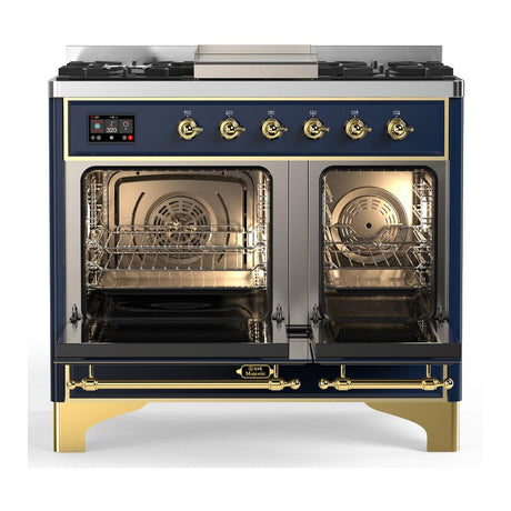 ILVE UMD40FQNR3MBG Majestic III 40 inch Dual Fuel Range with 6 Burners and Griddle, Dual Function Burner up to 25,000 BTU (Natural Gas, Solid Door, Midnight Blue, Brass)