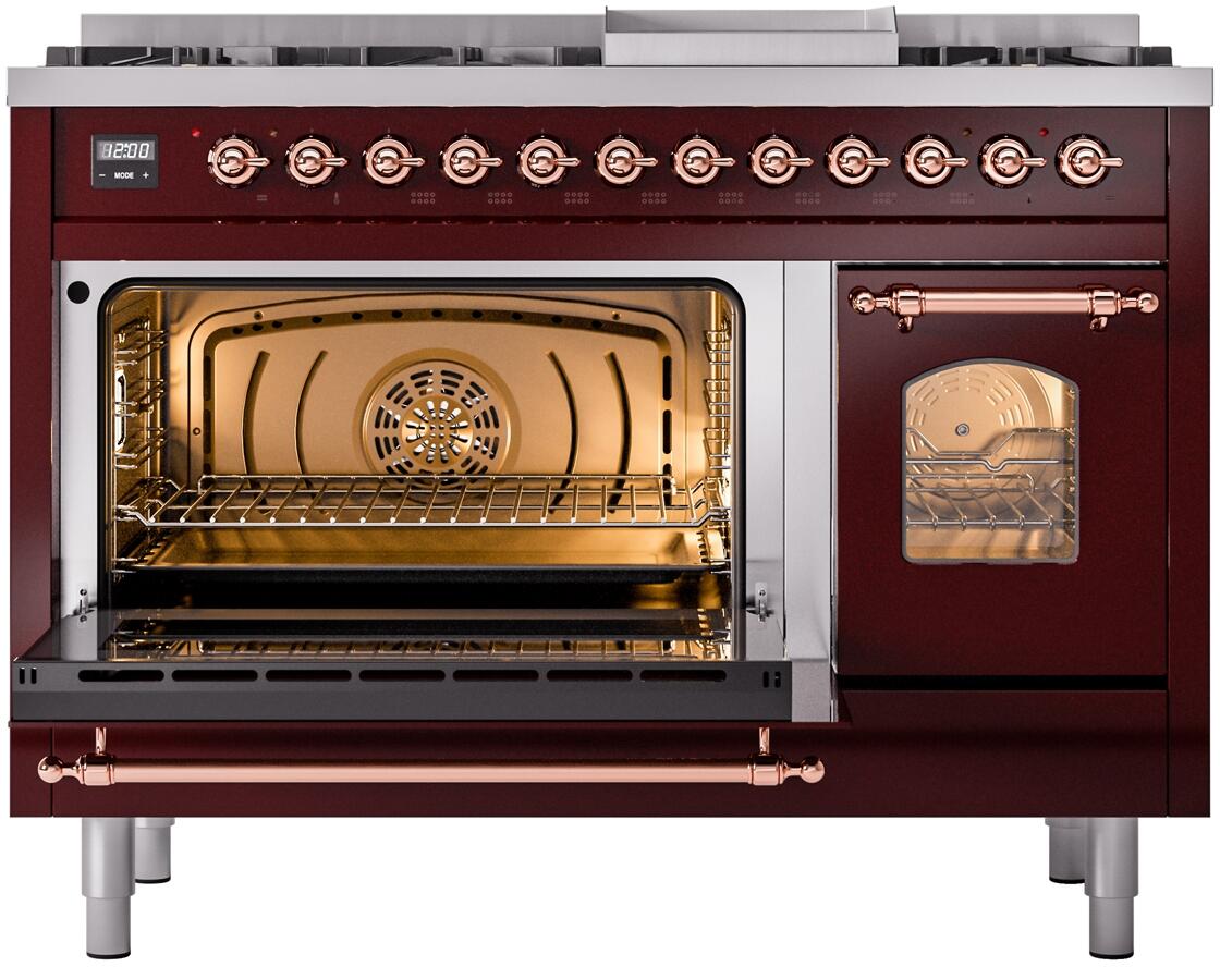 Nostalgie II 48 Inch Dual Fuel Natural Gas Freestanding Range in Burgundy with Copper Trim