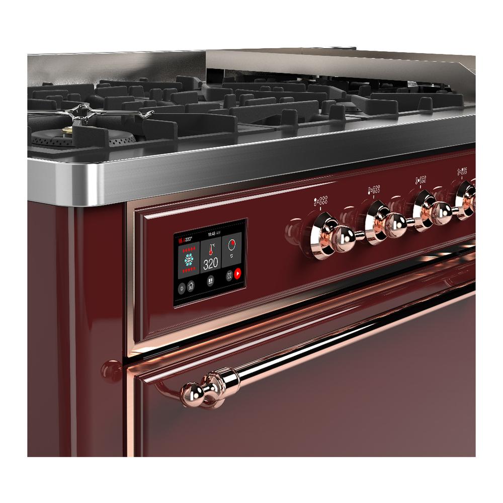ILVE UM60FQNR3BUPLP Majestic III 60 inch Dual Fuel Range with 9 Burners and Griddle, Dual Function Burner up to 25,000 BTU (Liquid Propane, Solid Door, Burgundy, Copper)