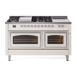 ILVE UN60FSNMPAWCLP Nostalgie II Noblesse 60 inch Dual Fuel Range (7 Sealed Burners + Griddle + French Top, Liquid Propane, Triple Glass Door, Antique White, Chrome)