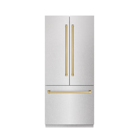 ZLINE Autograph Edition 36 in. 19.6 cu. ft. French Door Built-In Bottom Freezer Refrigerator with Water Dispenser and Ice Maker in DuraSnow' Stainless Steel with Graphite Gray Interior and Champagne Bronze Accents (GRBIVZ-SN-36-CB)