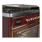 ILVE UM48FSNR3BUG Majestic III 48 inch Dual Fuel Range with 5 Black Brass Burners, Griddle and French Top, Dual Function Burner up to 25,000 BTU (Natural Gas, Triple Glass Door, Burgundy, Brass)