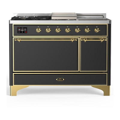 ILVE UM48FSQNR3MGG Majestic III 48 inch Dual Fuel Range with 5 Black Brass Burners, Griddle and French Top, Dual Function Burner up to 25,000 BTU (Natural Gas, Solid Door, Graphite Matte, Brass)