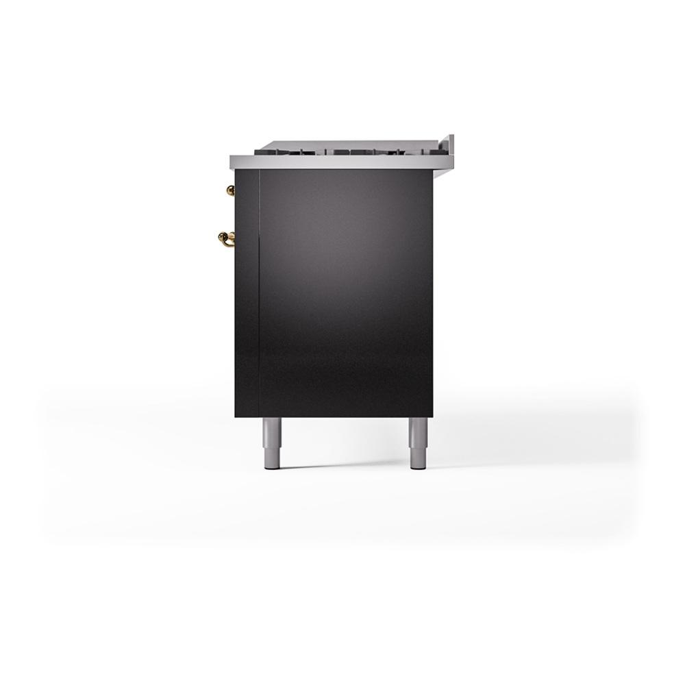 ILVE UN60FQNMPBKGLP Nostalgie II Noblesse 60 inch Dual Fuel Range (9 Sealed Burners + Griddle, Liquid Propane, Solid Door, Glossy Black, Brass)