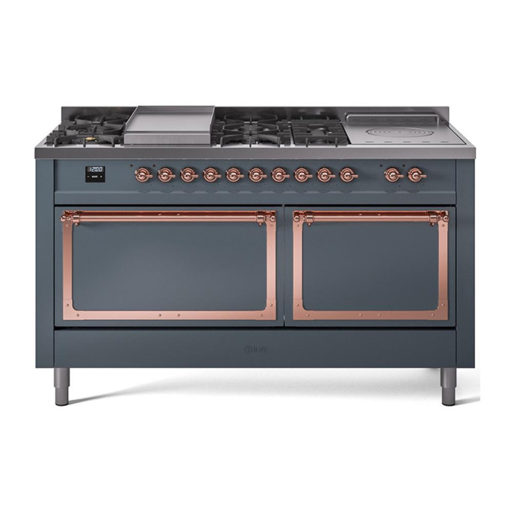 ILVE UN60FSQNMPBGP Nostalgie II Noblesse 60 inch Dual Fuel Range (7 Sealed Burners + Griddle + French Top, Natural Gas, Solid Door, Blue Grey, Copper)