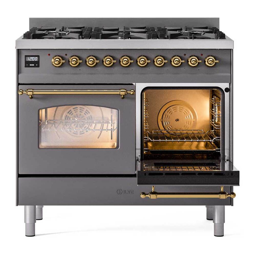 ILVE UPD406NMPMGGLP Nostalgie II 40 inch Dual Fuel Range with 6 Total Black Brass Burners, Brass Trim (Limited Edition) (Liquid Propane, Graphite Matte)