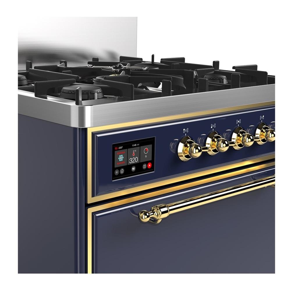 ILVE UM30QNR3MBGLP Majestic III 30 inch Dual Fuel Range with 5 Black Brass Burners, Dual Function Burner up to 25,000 BTU (Liquid Propane, Solid Door, Midnight Blue, Brass)