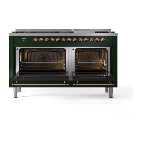 ILVE UN60FQNMPEGPLP Nostalgie II Noblesse 60 inch Dual Fuel Range (9 Sealed Burners + Griddle, Liquid Propane, Solid Door, Emerald Green, Copper)