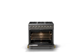 36"W. Dual Fuel Range (Burner: 6b, Finish: Damascus Gray, Trim: Brushed Brass, Fuel: Propane)