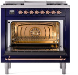 Nostalgie II 36 Inch Dual Fuel Natural Gas Freestanding Range in Blue with Copper Trim