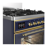 ILVE UM30NR3MBG Majestic III 30 inch Dual Fuel Range with 5 Black Brass Burners, Dual Function Burner up to 25,000 BTU (Natural Gas, Triple Glass Door, Midnight Blue, Brass)