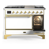 ILVE UM48FQNR3WHG Majestic III 48 inch Dual Fuel Range with 8 Burners and Griddle, Dual Function Burner up to 25,000 BTU (Natural Gas, Solid Door, White, Brass)