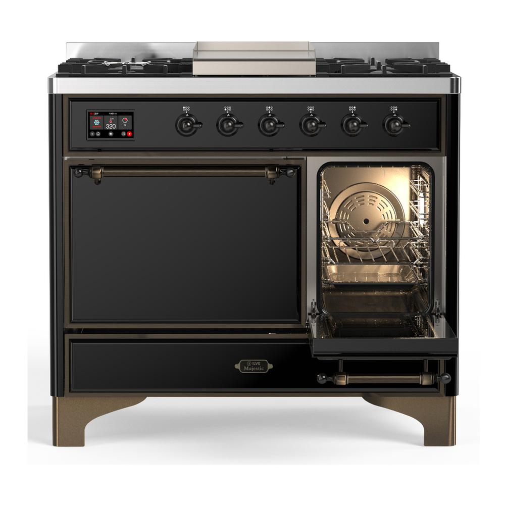ILVE UMD40FQNR3BKB Majestic III 40 inch Dual Fuel Range with 6 Burners and Griddle, Dual Function Burner up to 25,000 BTU (Natural Gas, Solid Door, Glossy Black, Burnished)
