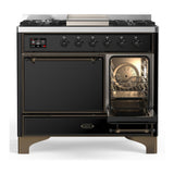 ILVE UMD40FQNR3BKB Majestic III 40 inch Dual Fuel Range with 6 Burners and Griddle, Dual Function Burner up to 25,000 BTU (Natural Gas, Solid Door, Glossy Black, Burnished)