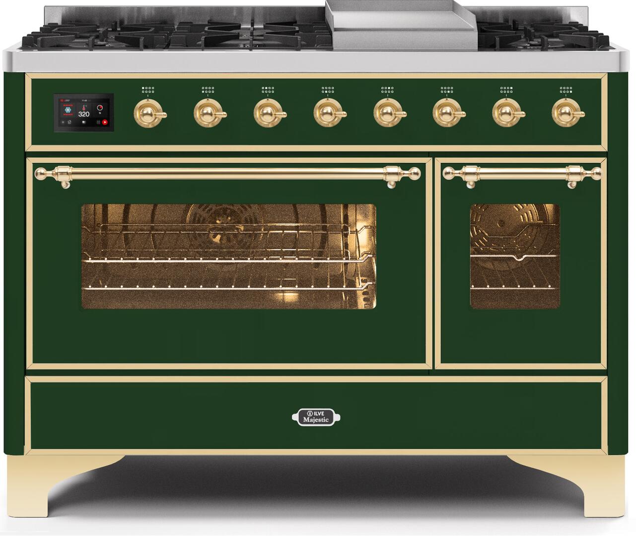 Majestic II 48 Inch Dual Fuel Natural Gas Freestanding Range in Emerald Green with Brass Trim