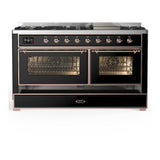 ILVE UM60FNR3BKPLP Majestic III 60 inch Dual Fuel Range with 9 Burners and Griddle, Dual Function Burner up to 25,000 BTU (Liquid Propane, Triple Glass Door, Glossy Black, Copper)