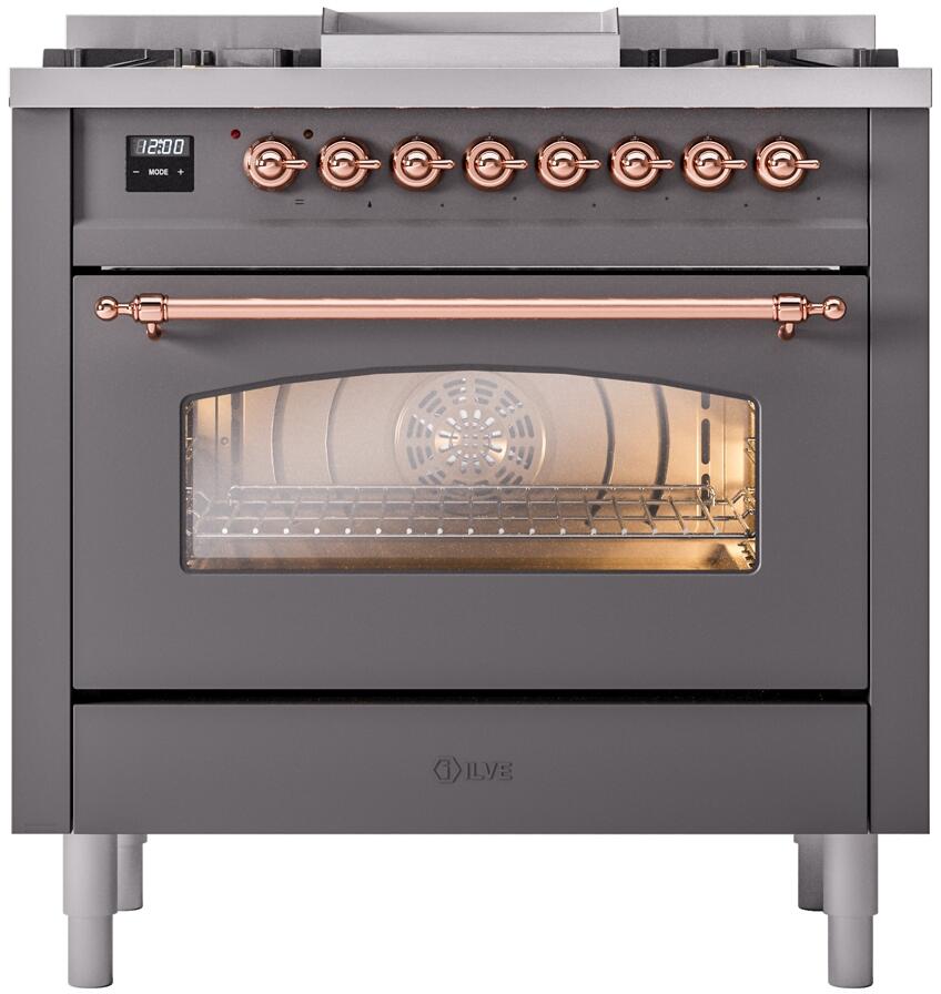 Nostalgie II 36 Inch Dual Fuel Natural Gas Freestanding Range in Matte Graphite with Copper Trim