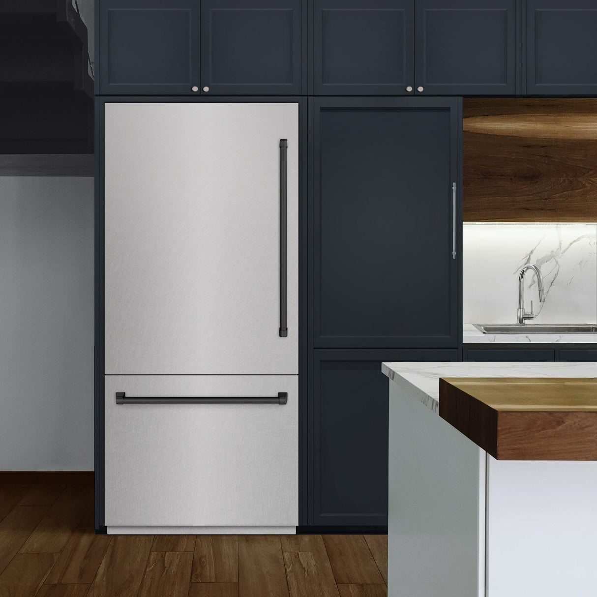 ZLINE Autograph Edition 36 in. 19.8 cu. ft. Built-In Bottom Freezer Refrigerator with Water Dispenser and Ice Maker in DuraSnow' Stainless Steel and Matte Black Accents (RBITZ-SN-36-MB)
