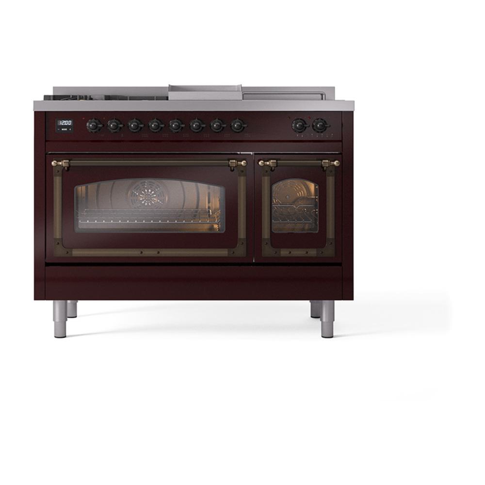 ILVE UN48FSNMPBUB Nostalgie II Noblesse 48 inch Dual Fuel Range (5 Sealed Burners + Griddle + French Top, Natural Gas, Triple Glass Door, Burgundy, Burnished)