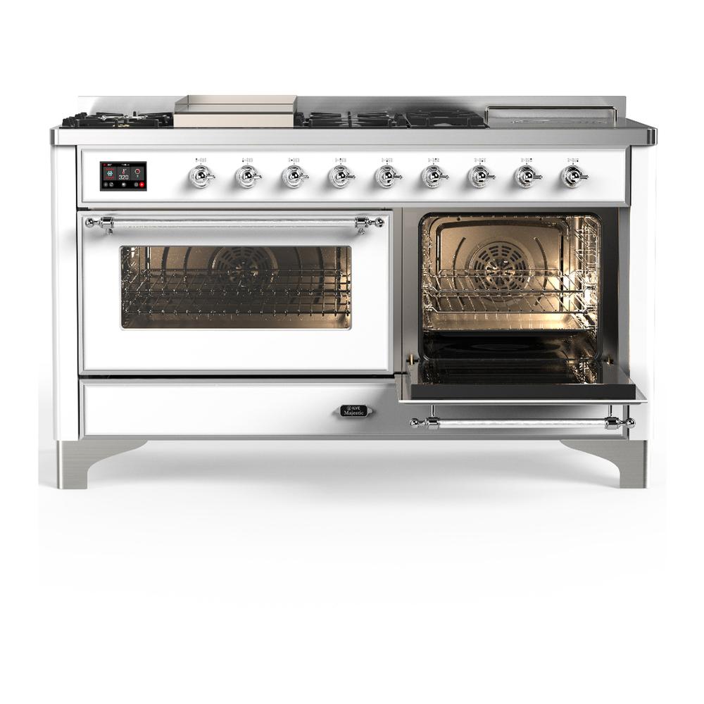 ILVE UM60FSNR3WHCLP Majestic III 60 inch Dual Fuel Range with 7 Burners, Griddle and French Top, Dual Function Burner with up to 25,000 BTU (Liquid Propane, Triple Glass Door, White, Chrome)