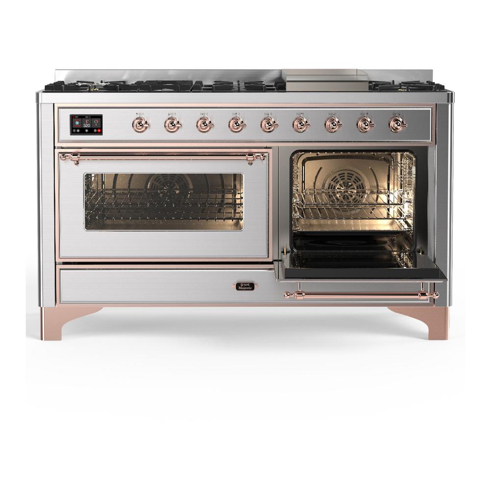 ILVE UM60FNR3SSPLP Majestic III 60 inch Dual Fuel Range with 9 Burners and Griddle, Dual Function Burner up to 25,000 BTU (Liquid Propane, Triple Glass Door, Stainless Steel, Copper)