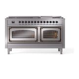 ILVE UN60FNMPSSB Nostalgie II Noblesse 60 inch Dual Fuel Range (9 Sealed Burners + Griddle, Natural Gas, Triple Glass Door, Stainless Steel, Burnished)