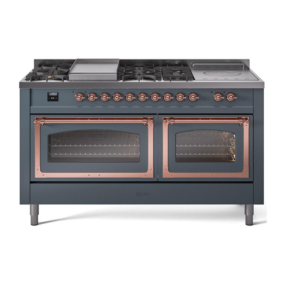 ILVE UN60FSNMPBGP Nostalgie II Noblesse 60 inch Dual Fuel Range (7 Sealed Burners + Griddle + French Top, Natural Gas, Triple Glass Door, Blue Grey, Copper)