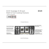 ILVE UHCPT125NSSC Nostalgie II 48 inch Built-In Gas Cooktop with Total Black Brass Burners, in Stainless Steel (6 Sealed Burners, Natural Gas, Chrome)