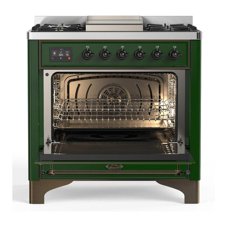 ILVE UM36FQNR3EGB Majestic III 36 inch Dual Fuel Range with 6 Black Brass Burners and Griddle, Dual Function Burner up to 25,000 BTU (Solid Door, Emerald Green, Burnished, Natural Gas)