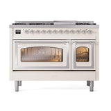 ILVE UN48FNMPAWCLP Nostalgie II Noblesse 48 inch Dual Fuel Range (8 Sealed Burners + Griddle, Liquid Propane, Triple Glass Door, Antique White, Chrome)