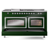 ILVE UN60FSNMPEGCLP Nostalgie II Noblesse 60 inch Dual Fuel Range (7 Sealed Burners + Griddle + French Top, Liquid Propane, Triple Glass Door, Emerald Green, Chrome)