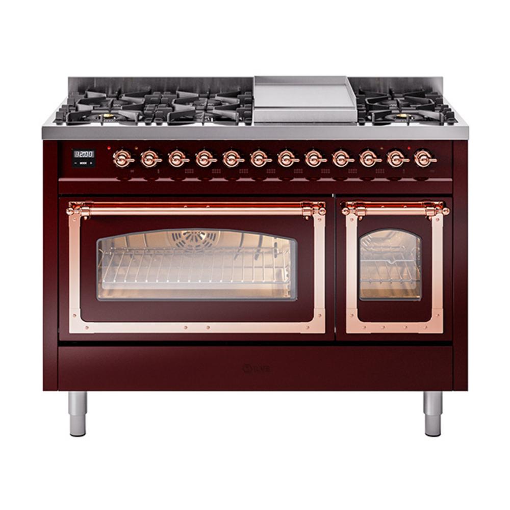 ILVE UN48FNMPBUP Nostalgie II Noblesse 48 inch Dual Fuel Range (8 Sealed Burners + Griddle, Natural Gas, Triple Glass Door, Burgundy, Copper)