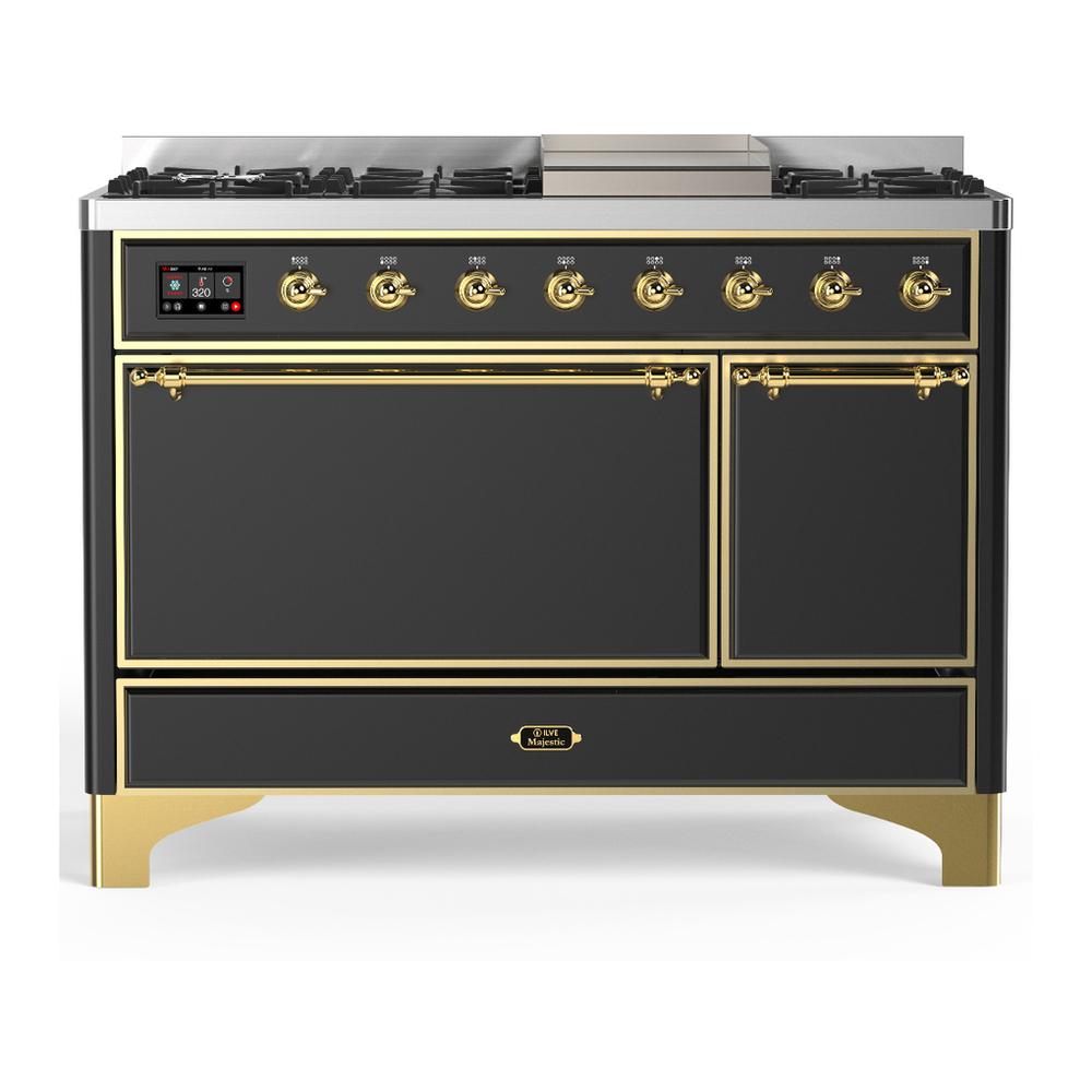 ILVE UM48FQNR3MGG Majestic III 48 inch Dual Fuel Range with 8 Burners and Griddle, Dual Function Burner up to 25,000 BTU (Natural Gas, Solid Door, Graphite Matte, Brass)