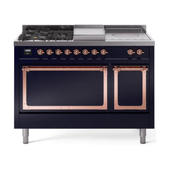 ILVE UN48FSQNMPMBP Nostalgie II Noblesse 48 inch Dual Fuel Range (5 Sealed Burners + Griddle + French Top, Natural Gas, Solid Door, Midnight Blue, Copper)