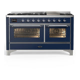 ILVE UM60FNR3MBC Majestic III 60 inch Dual Fuel Range with 9 Burners and Griddle, Dual Function Burner up to 25,000 BTU (Natural Gas, Triple Glass Door, Midnight Blue, Chrome)