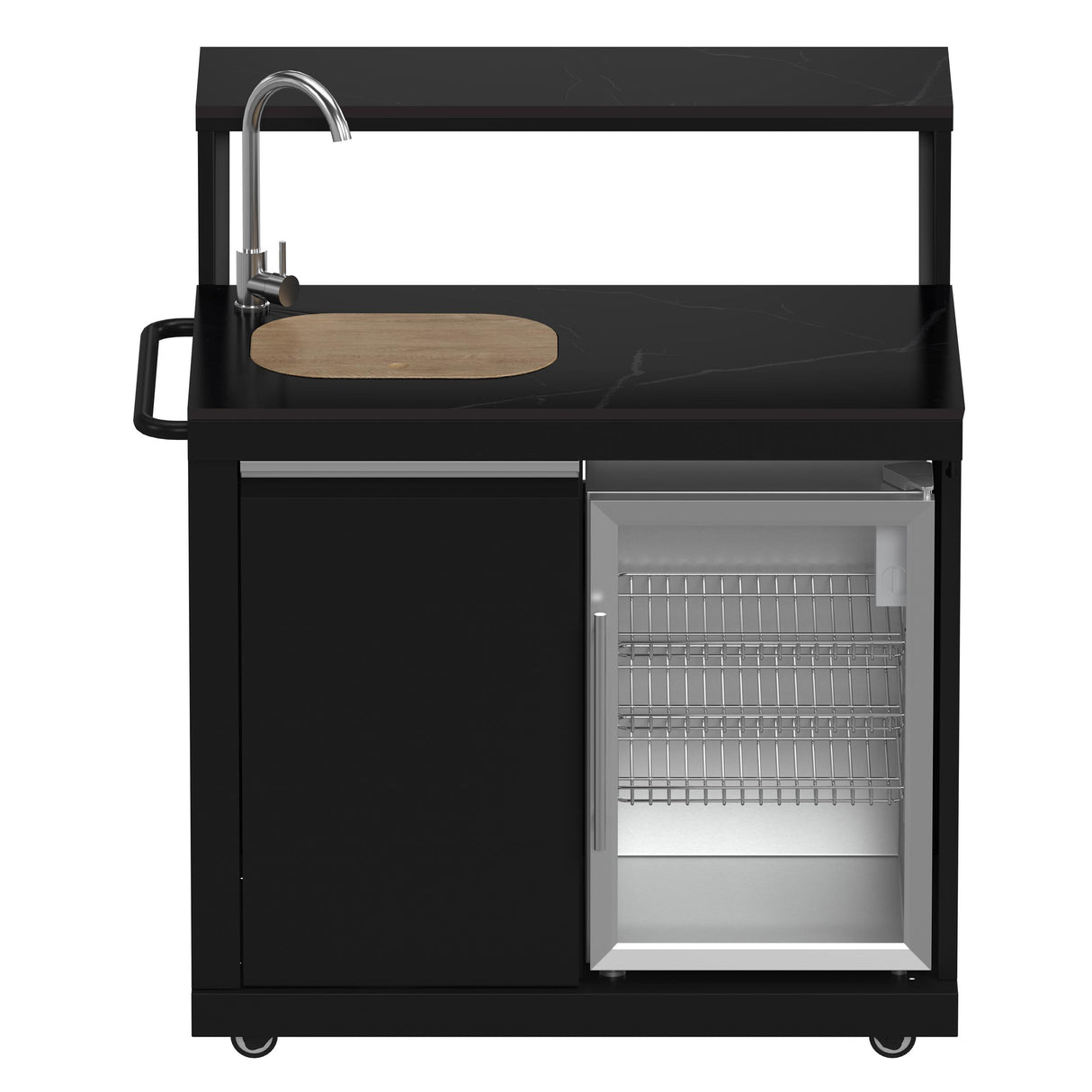 Forno All Aperto 87,600 BTU Outdoor Kitchen, 4 Burners, Infrared Burners, Side Burner, Black Sintered Stone Countertops, Gas Pizza Oven, Sink Module, Bar & Beverage Center