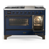 ILVE UM48FNR3MBB Majestic III 48 inch Dual Fuel Range with 8 Burners and Griddle, Dual Function Burner up to 25,000 BTU (Natural Gas, Triple Glass Door, Midnight Blue, Burnished)