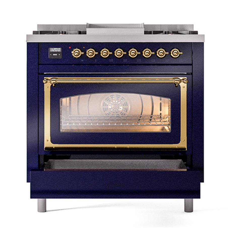 ILVE UN36FNMPMBG Nostalgie II Noblesse 36 inch Dual Fuel Range (Natural Gas, Triple Glass Door, Midnight Blue, Brass)