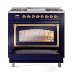 ILVE UN36FNMPMBG Nostalgie II Noblesse 36 inch Dual Fuel Range (Natural Gas, Triple Glass Door, Midnight Blue, Brass)