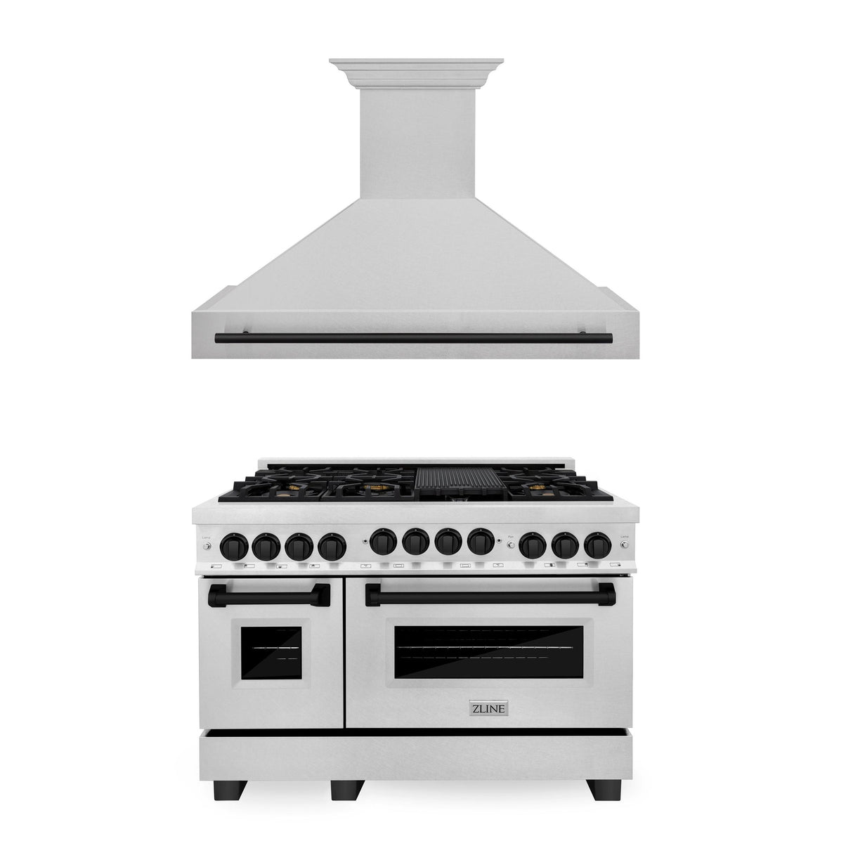 ZLINE 48" Autograph Edition Kitchen Package with DuraSnow Stainless Steel Gas Range and Range Hood with Matte Black Accents (2AKPR-RGSRH48-MB)