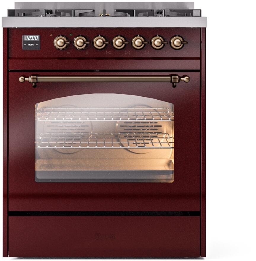 Nostalgie II 30 Inch Dual Fuel Liquid Propane Freestanding Range in Burgundy with Bronze Trim