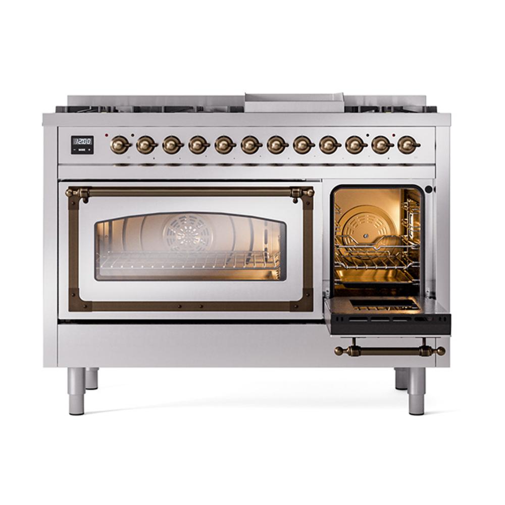 ILVE UN48FNMPSSB Nostalgie II Noblesse 48 inch Dual Fuel Range (8 Sealed Burners + Griddle, Natural Gas, Triple Glass Door, Stainless Steel, Burnished)