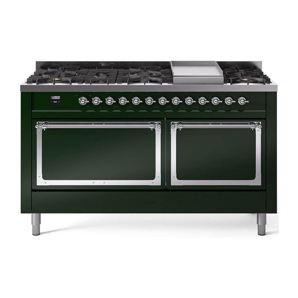 ILVE UN60FQNMPEGCLP Nostalgie II Noblesse 60 inch Dual Fuel Range (9 Sealed Burners + Griddle, Liquid Propane, Solid Door, Emerald Green, Chrome)