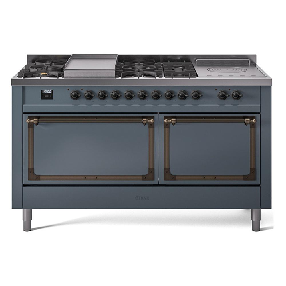 ILVE UN60FSQNMPBGB Nostalgie II Noblesse 60 inch Dual Fuel Range (7 Sealed Burners + Griddle + French Top, Natural Gas, Solid Door, Blue Grey, Burnished)