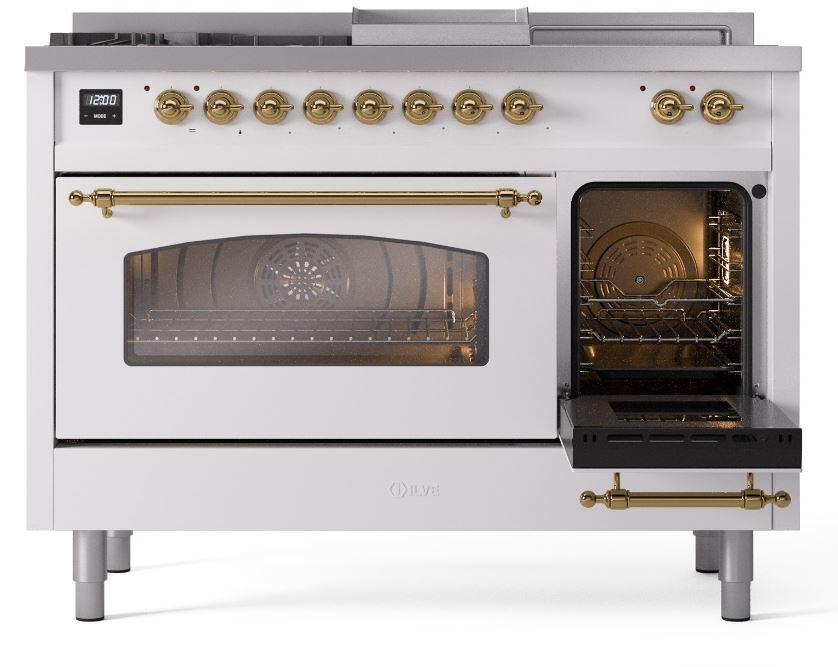 Nostalgie II 48 Inch Dual Fuel Natural Gas Freestanding Range in White with Brass Trim
