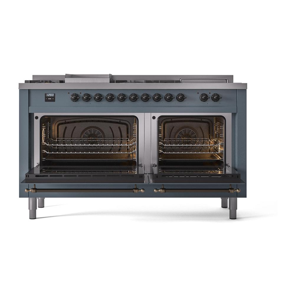 ILVE UN60FSQNMPBGBLP Nostalgie II Noblesse 60 inch Dual Fuel Range (7 Sealed Burners + Griddle + French Top, Liquid Propane, Solid Door, Blue Grey, Burnished)