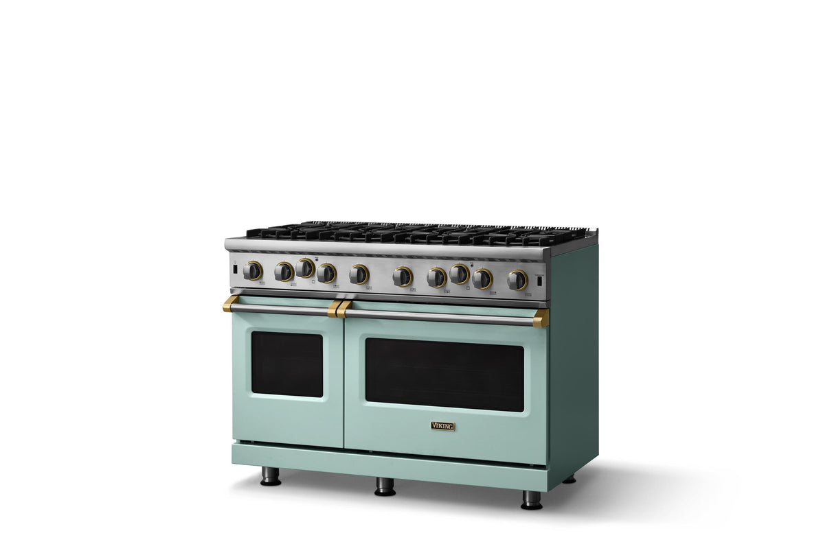 48"W. Open Burner Gas Range (Finish: Splash, Trim: Brushed Brass, Fuel: Propane)