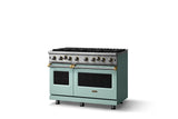 48"W. Open Burner Gas Range (Finish: Splash, Trim: Brushed Brass, Fuel: Propane)