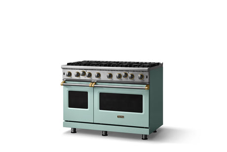 48"W. Open Burner Gas Range (Finish: Splash, Trim: Brushed Brass, Fuel: Propane)