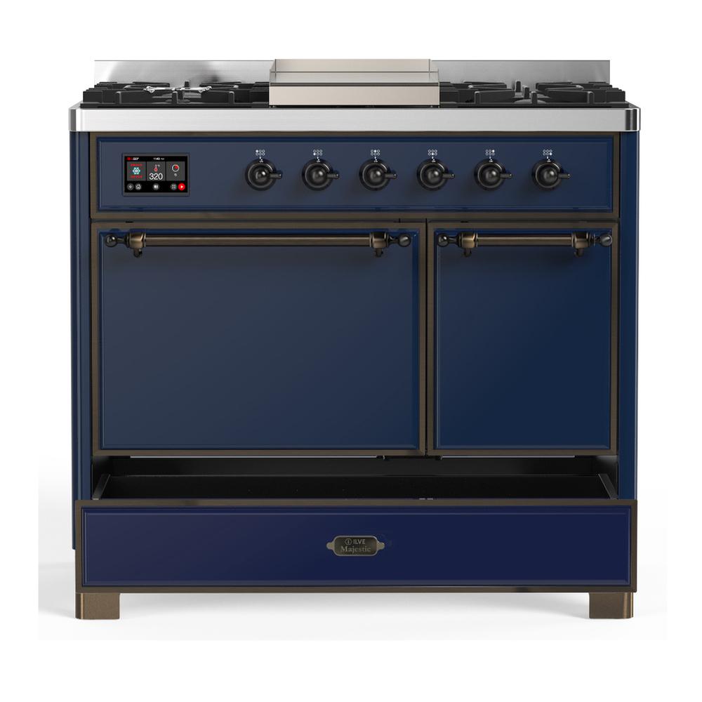 ILVE UMD40FQNR3MBBLP Majestic III 40 inch Dual Fuel Range with 6 Burners and Griddle, Dual Function Burner up to 25,000 BTU (Liquid Propane, Solid Door, Midnight Blue, Burnished)
